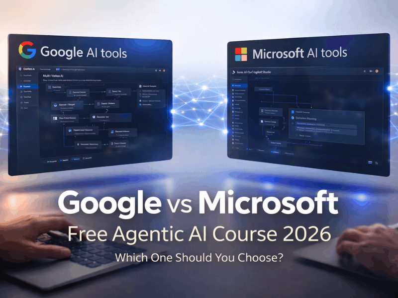 A realistic image of a tech learner comparing Google Vertex AI and Microsoft Azure AI dashboards on dual screens while deciding the best agentic AI course in 2026.