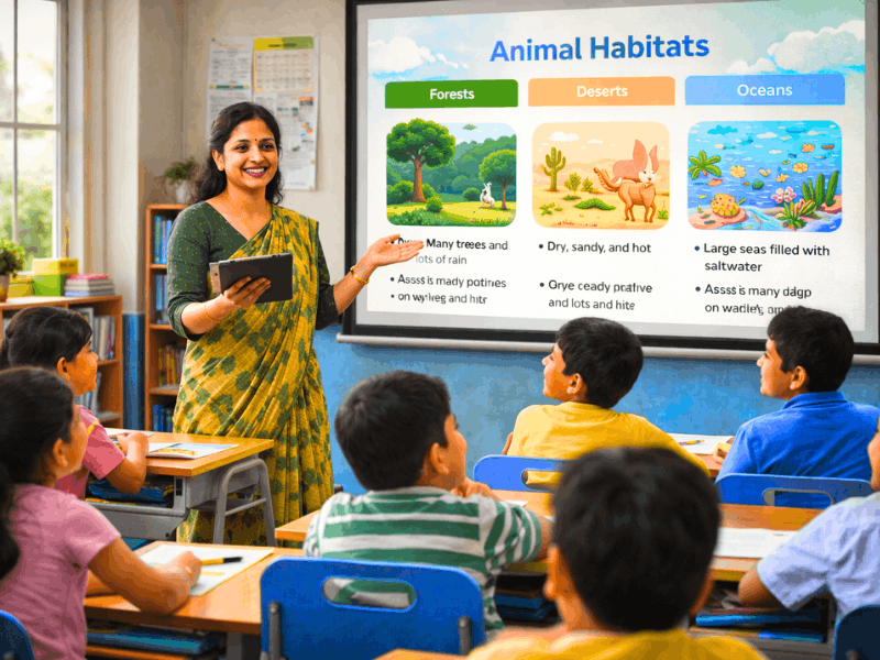 Happy teacher using AI generated lesson on animal habitats after free AI courses for teachers to automate lesson planning.
