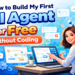 How to build my first AI Agent for free without coding using realistic workflow automation on laptop with AI assistant interface.