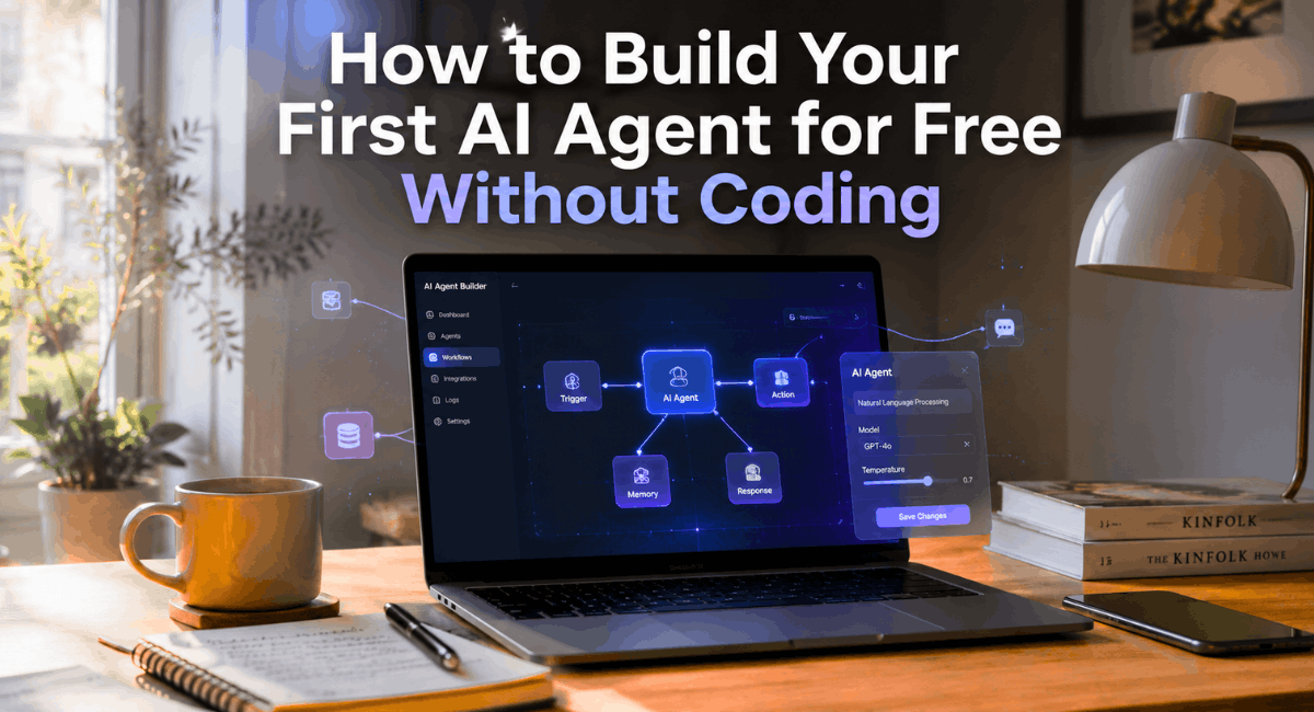 How to build your first AI agent for free without coding — modern desk setup with laptop showing AI agent workflow interface.
