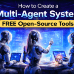 How to create a multi-agent system using free open-source tools concept showing autonomous AI agents collaborating in a futuristic workspace with advanced AI automation workflows and multi-agent orchestration systems.