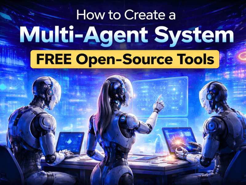 How to create a multi-agent system using free open-source tools concept showing autonomous AI agents collaborating in a futuristic workspace with advanced AI automation workflows and multi-agent orchestration systems.