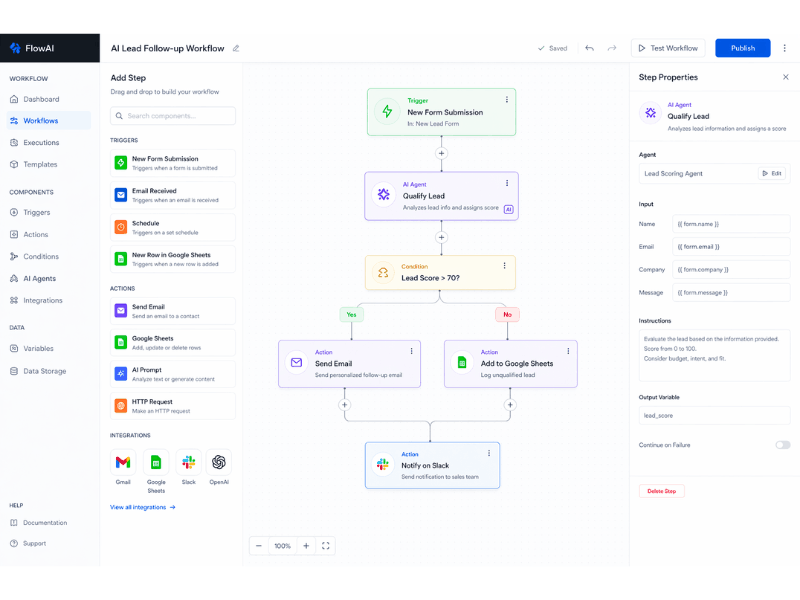 How to build AI agents for free without coding, no-code AI workflow builder with triggers, conditions and automation steps.