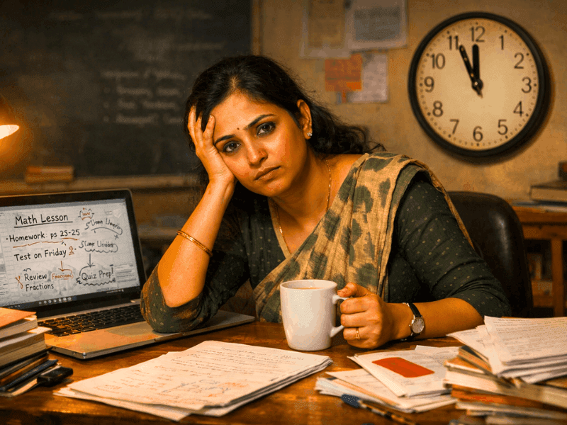 Stressed Indian teacher doing late night lesson planning before using free AI courses for teachers to automate lesson planning.
