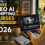 Realistic workspace showing a person creating AI videos on laptop with title Top Free Video AI Prompting Courses with Certification in 2026, modern cinematic editing setup with soft lighting.