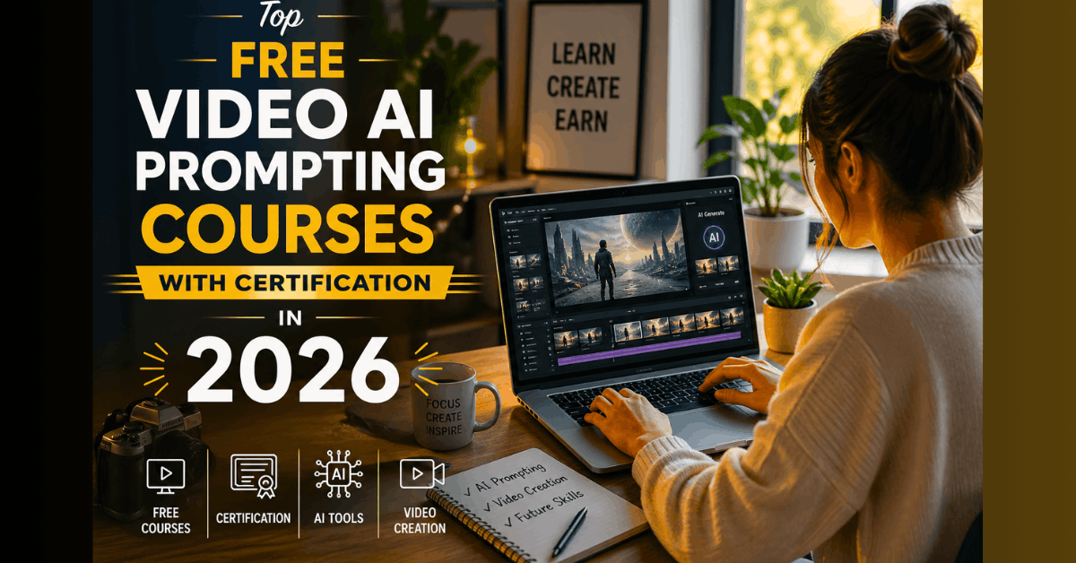 Realistic workspace showing a person creating AI videos on laptop with title Top Free Video AI Prompting Courses with Certification in 2026, modern cinematic editing setup with soft lighting.