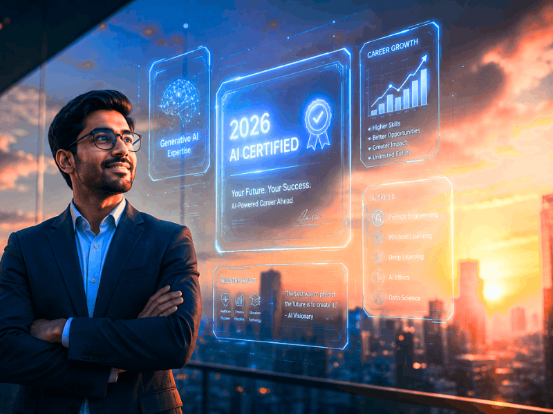 How to get Gen AI certified for free - Confident professional with 2026 AI Certified future success.