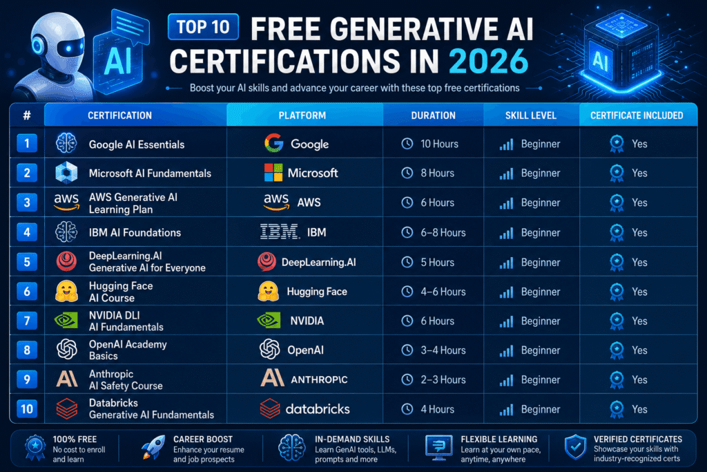How to get Gen AI certified for free - Top 10 Free Generative AI Certifications in 2026 Comparison Table.