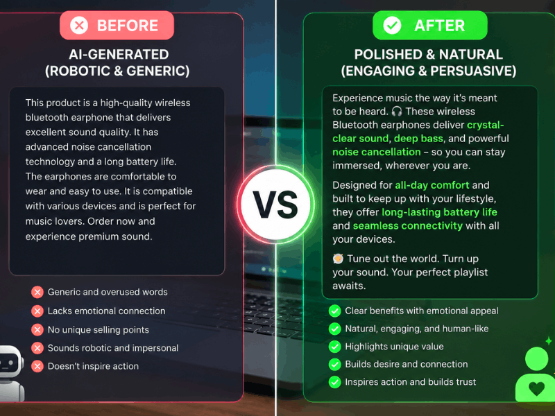 AI Prompt Jobs for Beginners - Before vs After AI Content Writing Example.