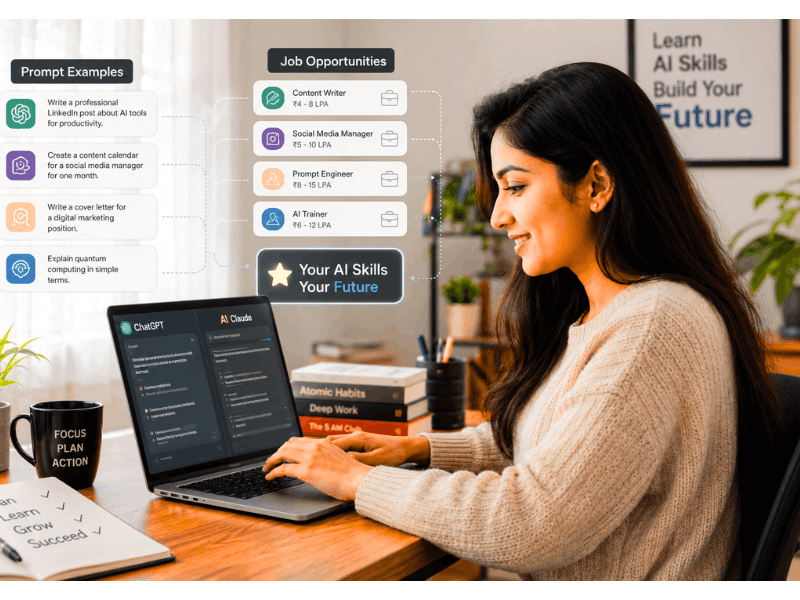 AI Prompt Jobs for Beginners - Young woman working with ChatGPT and Claude for remote AI jobs.