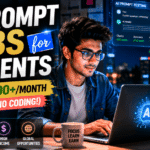 AI prompt jobs for students in 2026 showing realistic remote AI work setup with laptop, chatbot prompts, and online earning dashboard.