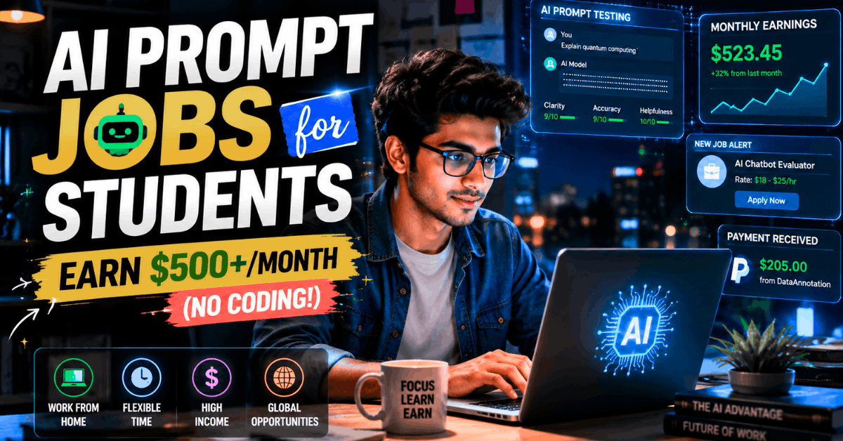 AI prompt jobs for students in 2026 showing realistic remote AI work setup with laptop, chatbot prompts, and online earning dashboard.