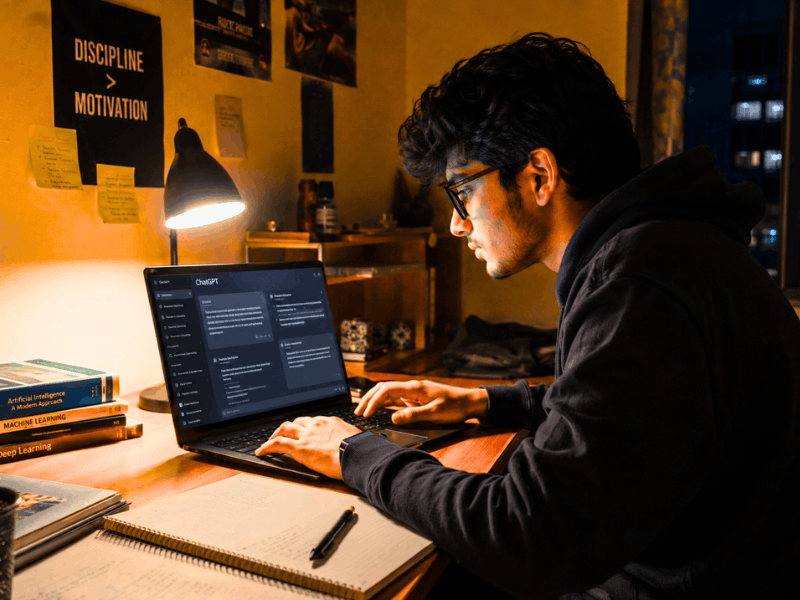 AI prompt jobs for students - Indian college student working on laptop with ChatGPT in hostel room.
