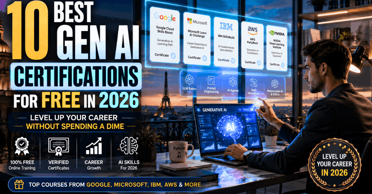 10 Best Gen AI Certifications for Free in 2026 featured image showing futuristic AI learning workspace with Google, Microsoft, IBM, AWS and NVIDIA certifications.
