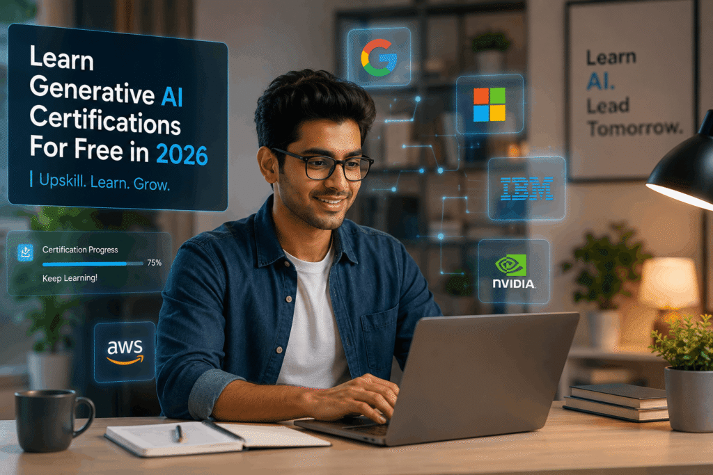 Gen AI certification for free in 2026 - Young professional learning on laptop with Google, Microsoft, IBM, NVIDIA, AWS logos.