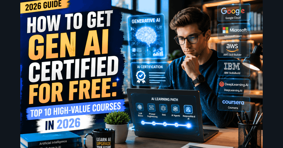 Professional learner exploring free Generative AI certifications from Google, Microsoft, AWS, IBM, and DeepLearning.AI in 2026..