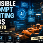 Futuristic AI workspace showing a professional prompt engineer working with advanced holographic AI interfaces, glowing data streams, and hidden system prompts representing Invisible Prompt Writing Jobs in 2026.