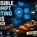 Futuristic AI workspace showing a professional prompt engineer working with advanced holographic AI interfaces, glowing data streams, and hidden system prompts representing Invisible Prompt Writing Jobs in 2026.