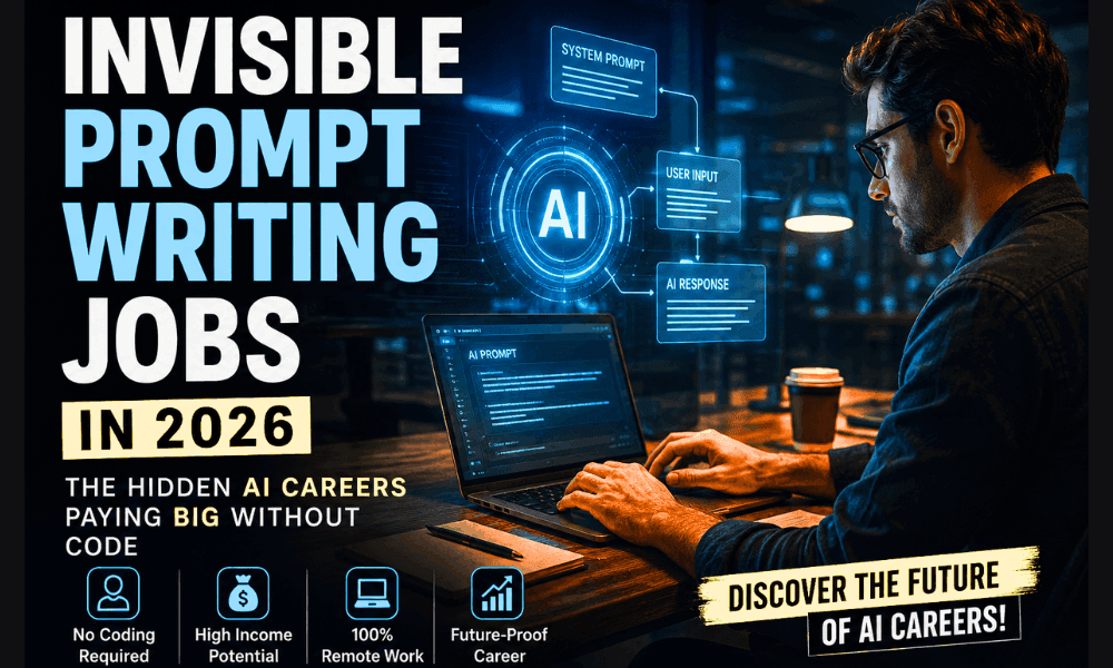 Futuristic AI workspace showing a professional prompt engineer working with advanced holographic AI interfaces, glowing data streams, and hidden system prompts representing Invisible Prompt Writing Jobs in 2026.