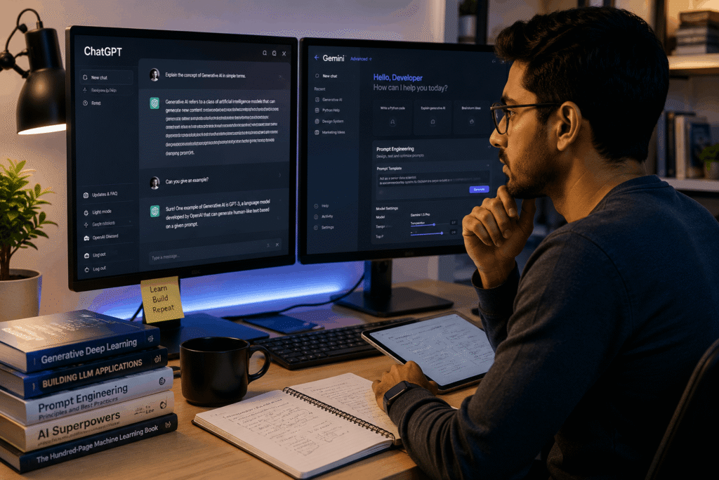 How to get Gen AI certified for free - Learning Generative AI skills with ChatGPT and Gemini on dual monitors.