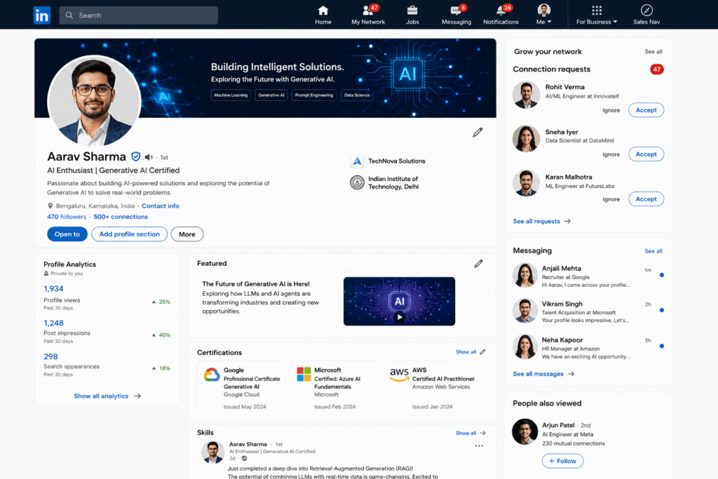 How to get Gen AI certified for free - LinkedIn profile with Google Microsoft AWS Generative AI certifications.