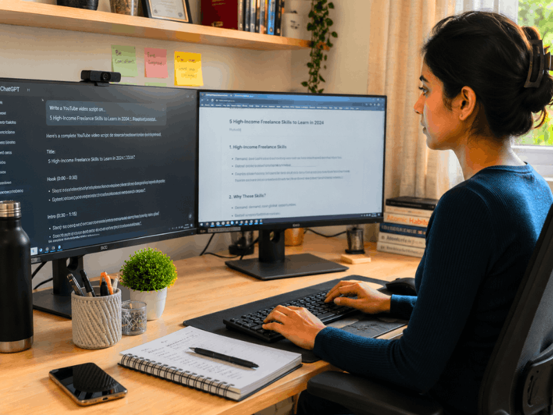 What Does a Prompt Engineer Do? Indian woman working on AI prompts and ChatGPT at home office.