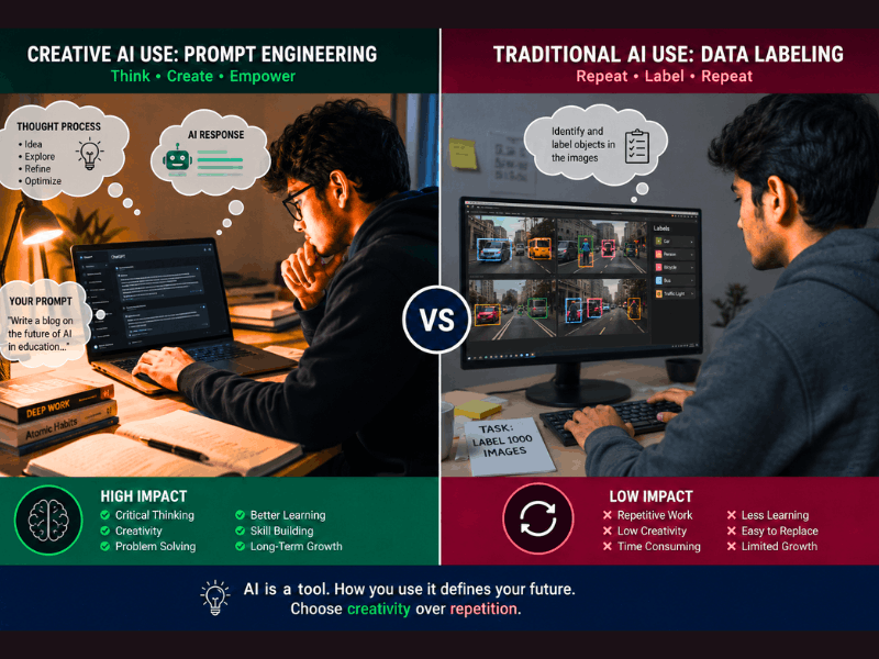 AI prompt jobs for students vs data annotation - creative prompt engineering vs repetitive data labeling.