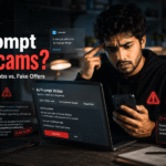Realistic cinematic featured image showing a remote worker checking suspicious AI prompt writing job offers on LinkedIn, Telegram, and WhatsApp with scam alerts and fake recruiter warnings.