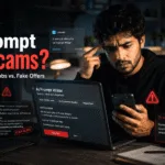 Realistic cinematic featured image showing a remote worker checking suspicious AI prompt writing job offers on LinkedIn, Telegram, and WhatsApp with scam alerts and fake recruiter warnings.