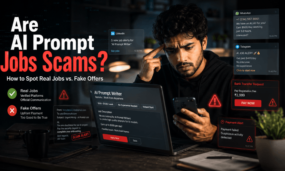 Realistic cinematic featured image showing a remote worker checking suspicious AI prompt writing job offers on LinkedIn, Telegram, and WhatsApp with scam alerts and fake recruiter warnings.