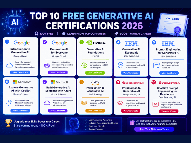 Top 10 Free Gen AI Certification for Free in 2026 - Google Microsoft IBM NVIDIA AWS.
