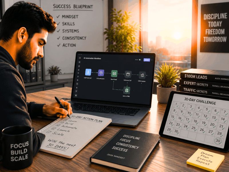 How to start an AI automation agency for free roadmap - 30 day action plan for building AI automation business 2026.