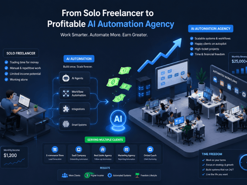 How to start an AI automation agency for free roadmap - From solo freelancer to profitable AI automation agency 2026.