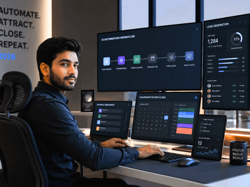 How to start an AI automation agency for free roadmap - Young entrepreneur managing AI workflows and lead generation in 2026.