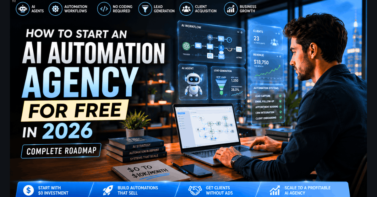 AI automation agency setup roadmap with futuristic business dashboards and workflow automation systems in 2026.