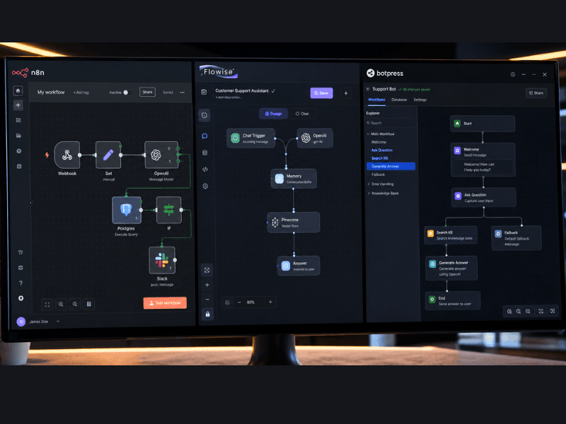 How to start an AI automation agency for free roadmap - n8n Flowise and Botpress interfaces side by side 2026.