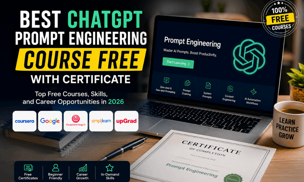Best ChatGPT Prompt Engineering Courses Free With Certificate 2026 comparison showing Coursera, Google, DeepLearning AI, Simplilearn and UpGrad training programs for AI skills and career growth.