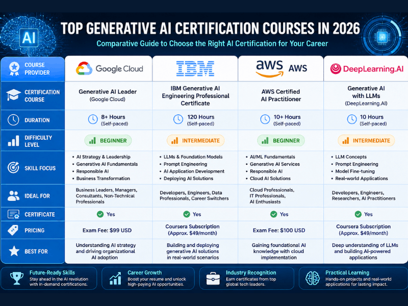 Best Generative AI Certification Courses 2026 comparison chart Google Cloud IBM AWS DeepLearning.AI.