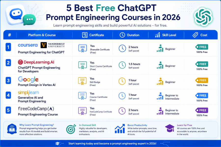 5 Best Free ChatGPT Prompt Engineering Courses in 2026 Comparison Table with Certificate and Duration.