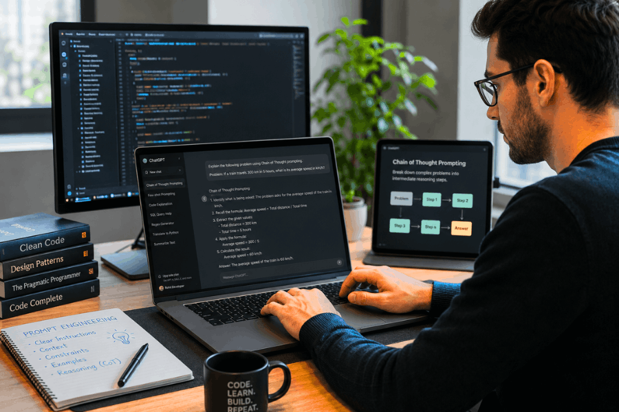 Male developer learning Chain of Thought Prompt Engineering with ChatGPT for developers.