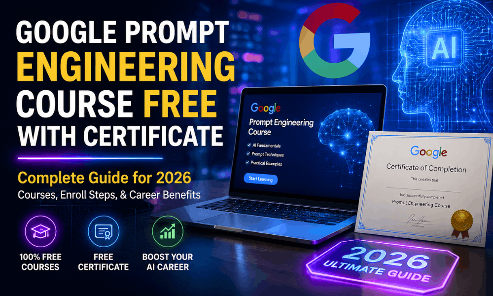 Google Prompt Engineering Course Free With Certificate 2026 featuring AI training, Google certification, and career growth opportunities.