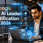 Ultra-realistic cinematic office scene showing a professional working with holographic AI interface displaying Google Gen AI Leader Certification 2026, futuristic business environment with French luxury minimal design, concept of AI leadership and digital transformation.