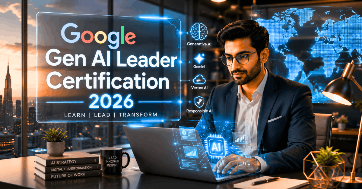 Ultra-realistic cinematic office scene showing a professional working with holographic AI interface displaying Google Gen AI Leader Certification 2026, futuristic business environment with French luxury minimal design, concept of AI leadership and digital transformation.