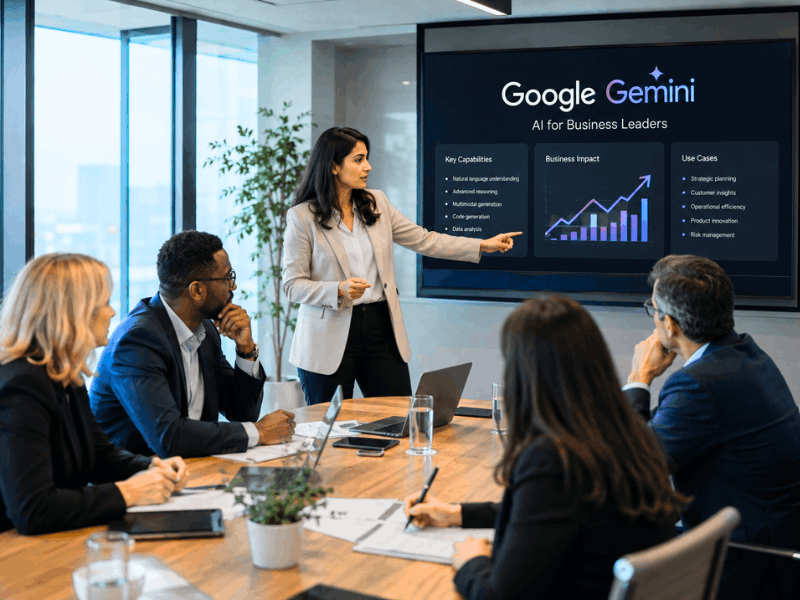 Google Gen AI Leader Certification Kit - Business leaders learning Gemini AI strategy in professional meeting.