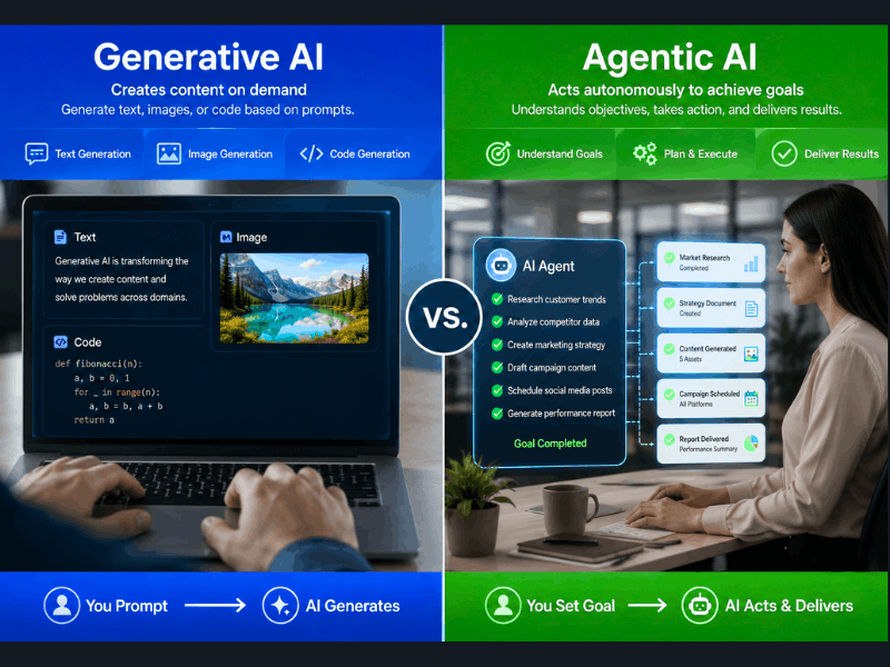 Google Gen AI Leader Certification Kit - Generative AI vs Agentic AI explained comparison.