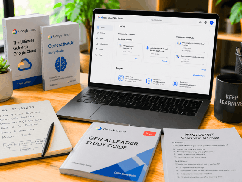 Google Gen AI Leader Certification Kit - Study guides and practice materials on desk.