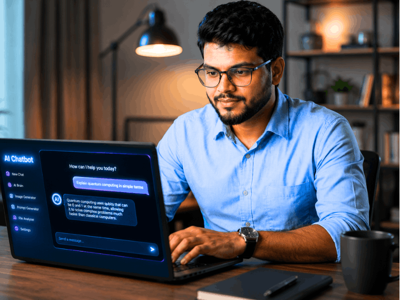 A young professional learning google prompt engineering course free with certificate on a laptop using an AI chatbot interface..