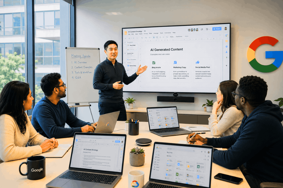 Professionals in Google office learning Prompt Engineering for workplace productivity.