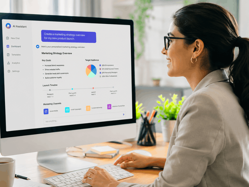 A non-tech professional practicing skills from the google prompt engineering course free with certificate to create a marketing strategy with an AI assistant.
