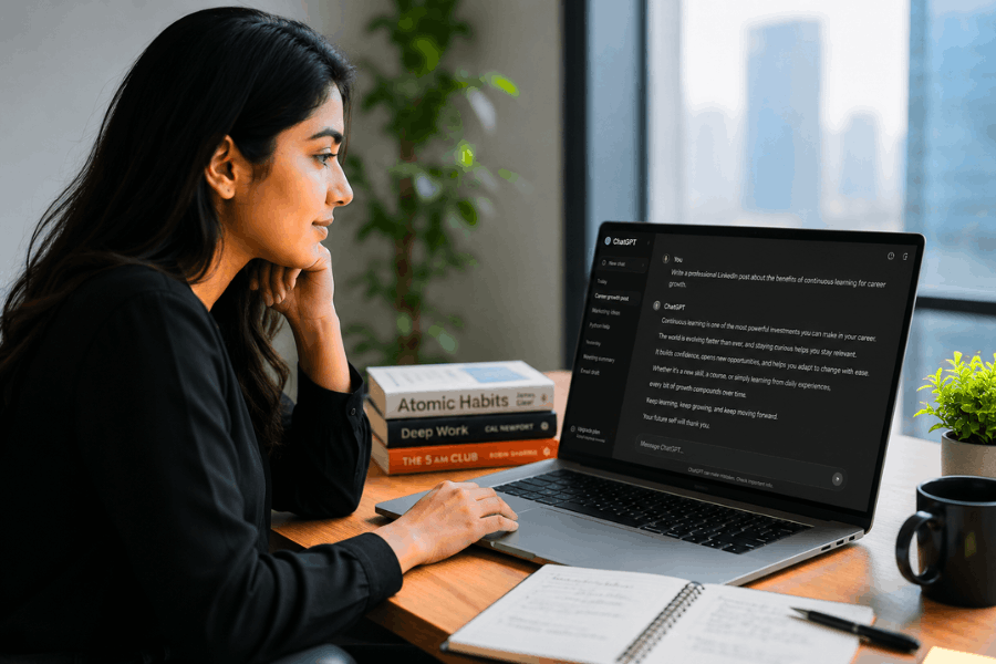Professional woman learning ChatGPT Prompt Engineering Course for free on laptop.